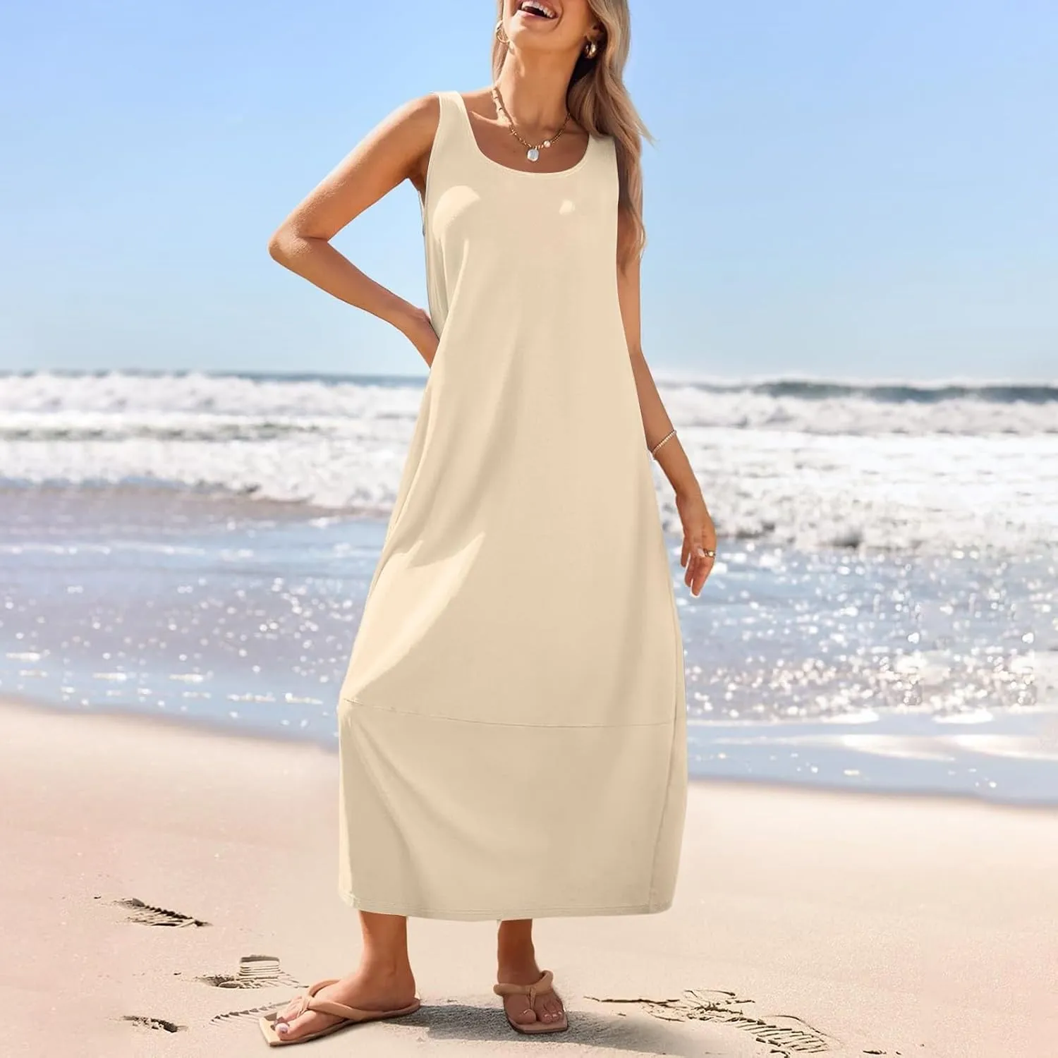 Women Dresses Casual Scoop Neck Maxi Dress Sleeveless Beach Vacation Tank Dress Flowy 2025 Summer Loose Sundress
