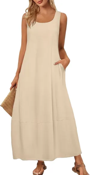 Women Dresses Casual Scoop Neck Maxi Dress Sleeveless Beach Vacation Tank Dress Flowy 2025 Summer Loose Sundress
