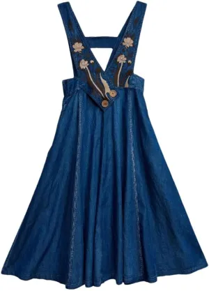 Women Embroidery Flower Vintage A-Line Dress High Waisted Overalls Midi Sleeveless Spaghetti Straps Dress