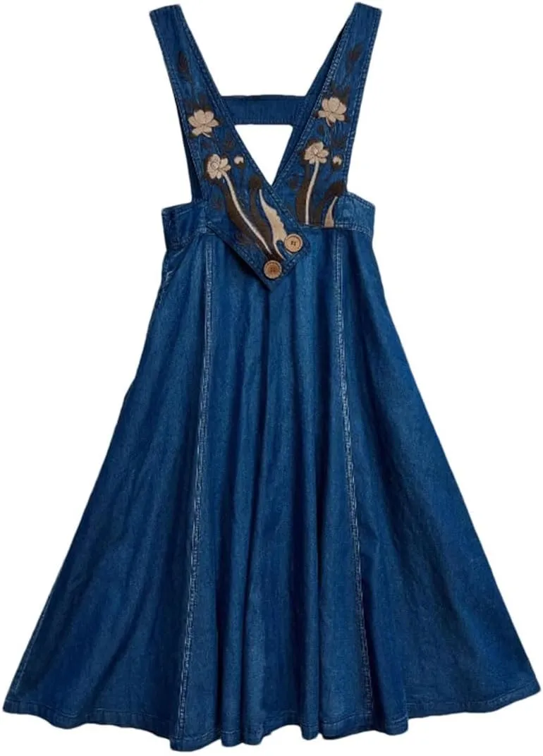 Women Embroidery Flower Vintage A-Line Dress High Waisted Overalls Midi Sleeveless Spaghetti Straps Dress
