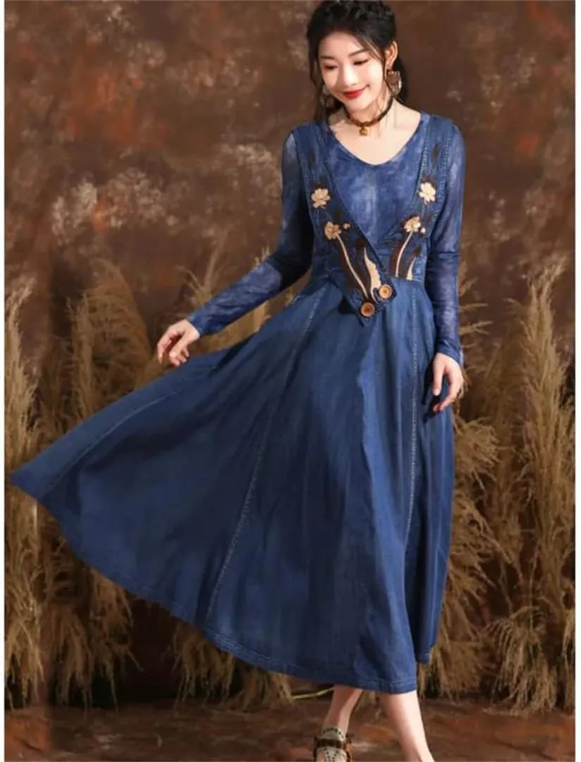Women Embroidery Flower Vintage A-Line Dress High Waisted Overalls Midi Sleeveless Spaghetti Straps Dress