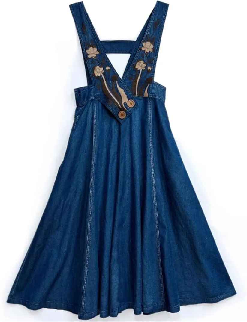 Women Embroidery Flower Vintage A-Line Dress High Waisted Overalls Midi Sleeveless Spaghetti Straps Dress