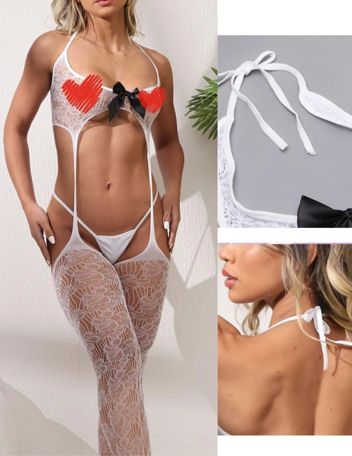 Women Fishnet Bodystocking Sexy Bowknot Lingerie Stockings Lace Teddy Bodysuit Halterneck 3 Piece Nightwear Panty