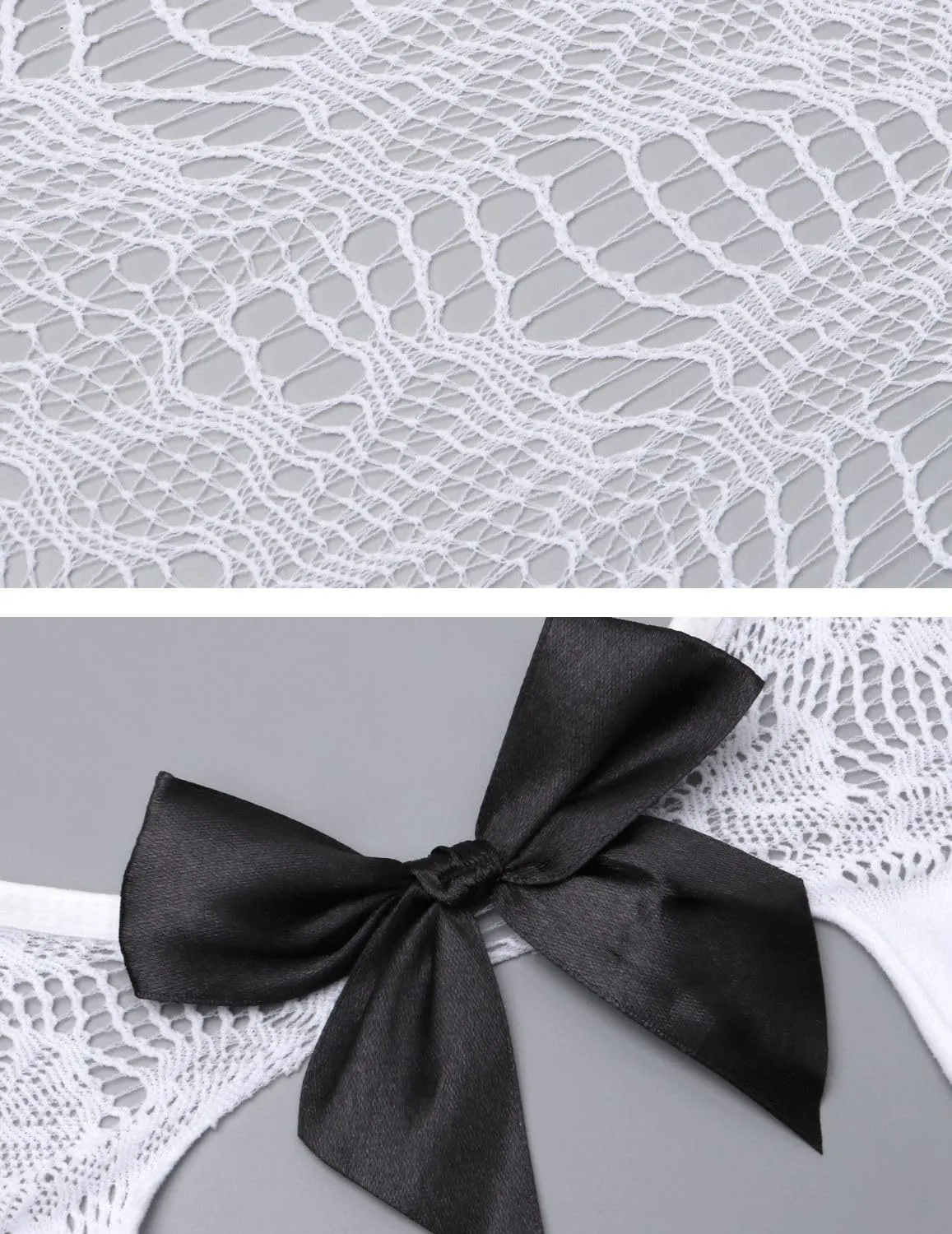 Women Fishnet Bodystocking Sexy Bowknot Lingerie Stockings Lace Teddy Bodysuit Halterneck 3 Piece Nightwear Panty