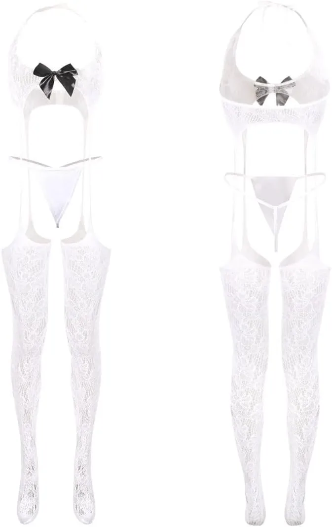 Women Fishnet Bodystocking Sexy Bowknot Lingerie Stockings Lace Teddy Bodysuit Halterneck 3 Piece Nightwear Panty