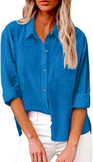 Women Linen Button Down Shirt Gauze Cotton Dress Shirt Long Sleeve Oversized Friend Solid Tunic Tops