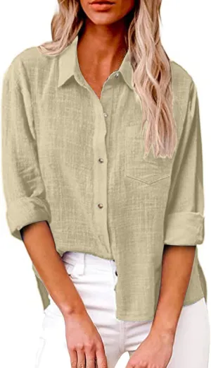 Women Linen Button Down Shirt Gauze Cotton Dress Shirt Long Sleeve Oversized Friend Solid Tunic Tops