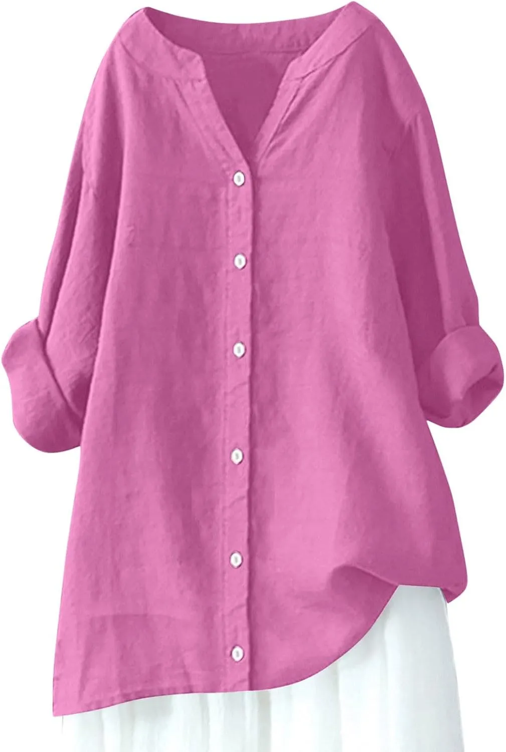 Women Linen Shirts V-Neck Button Up Blouse Bohemian Embroidery Trendy Tshirts Long Sleeve Loose T-Shirt