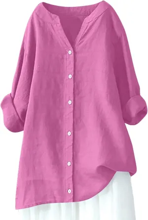 Women Linen Shirts V-Neck Button Up Blouse Bohemian Embroidery Trendy Tshirts Long Sleeve Loose T-Shirt