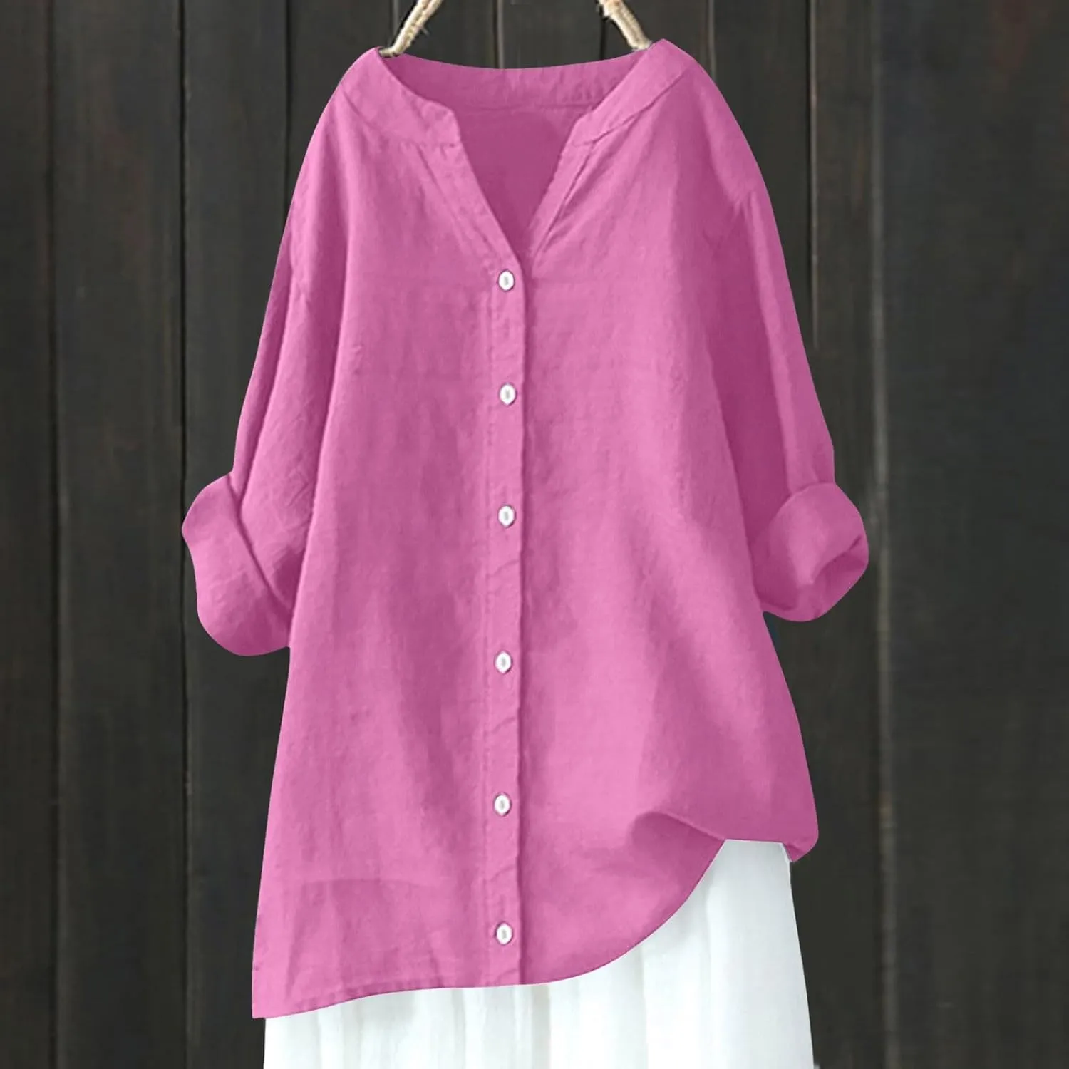 Women Linen Shirts V-Neck Button Up Blouse Bohemian Embroidery Trendy Tshirts Long Sleeve Loose T-Shirt
