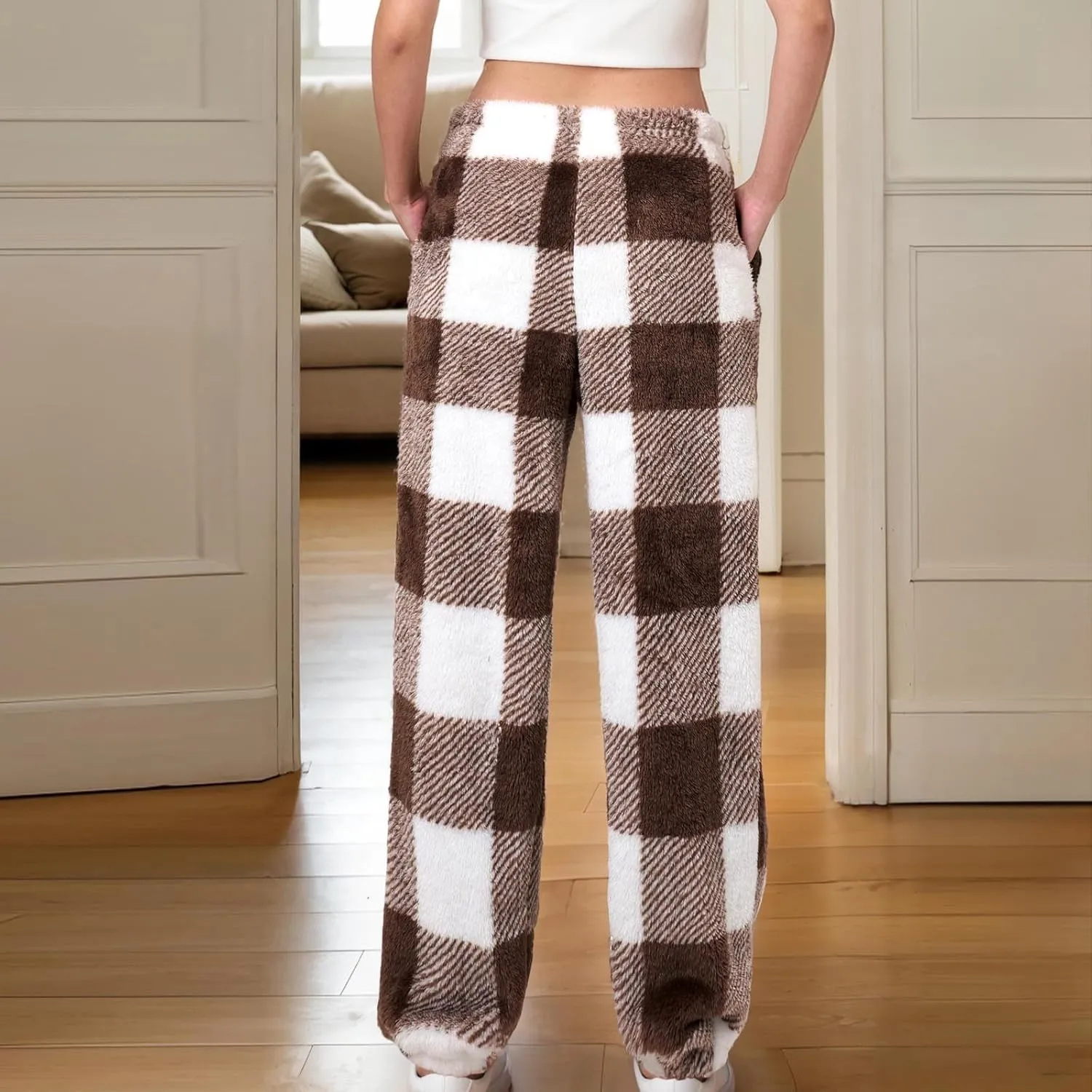 Women Plush Pajama Pants Buffalo Plaid Fluffy Fleece Warm Sleep Pj Pant Soft Comfy Fuzzy Lounge Pajama Bottoms