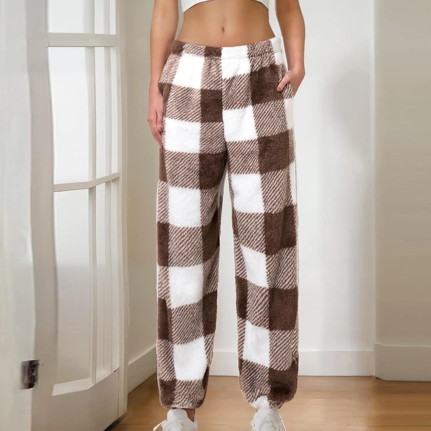Women Plush Pajama Pants Buffalo Plaid Fluffy Fleece Warm Sleep Pj Pant Soft Comfy Fuzzy Lounge Pajama Bottoms