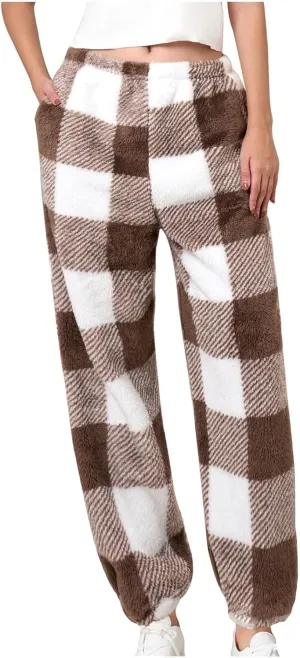 Women Plush Pajama Pants Buffalo Plaid Fluffy Fleece Warm Sleep Pj Pant Soft Comfy Fuzzy Lounge Pajama Bottoms
