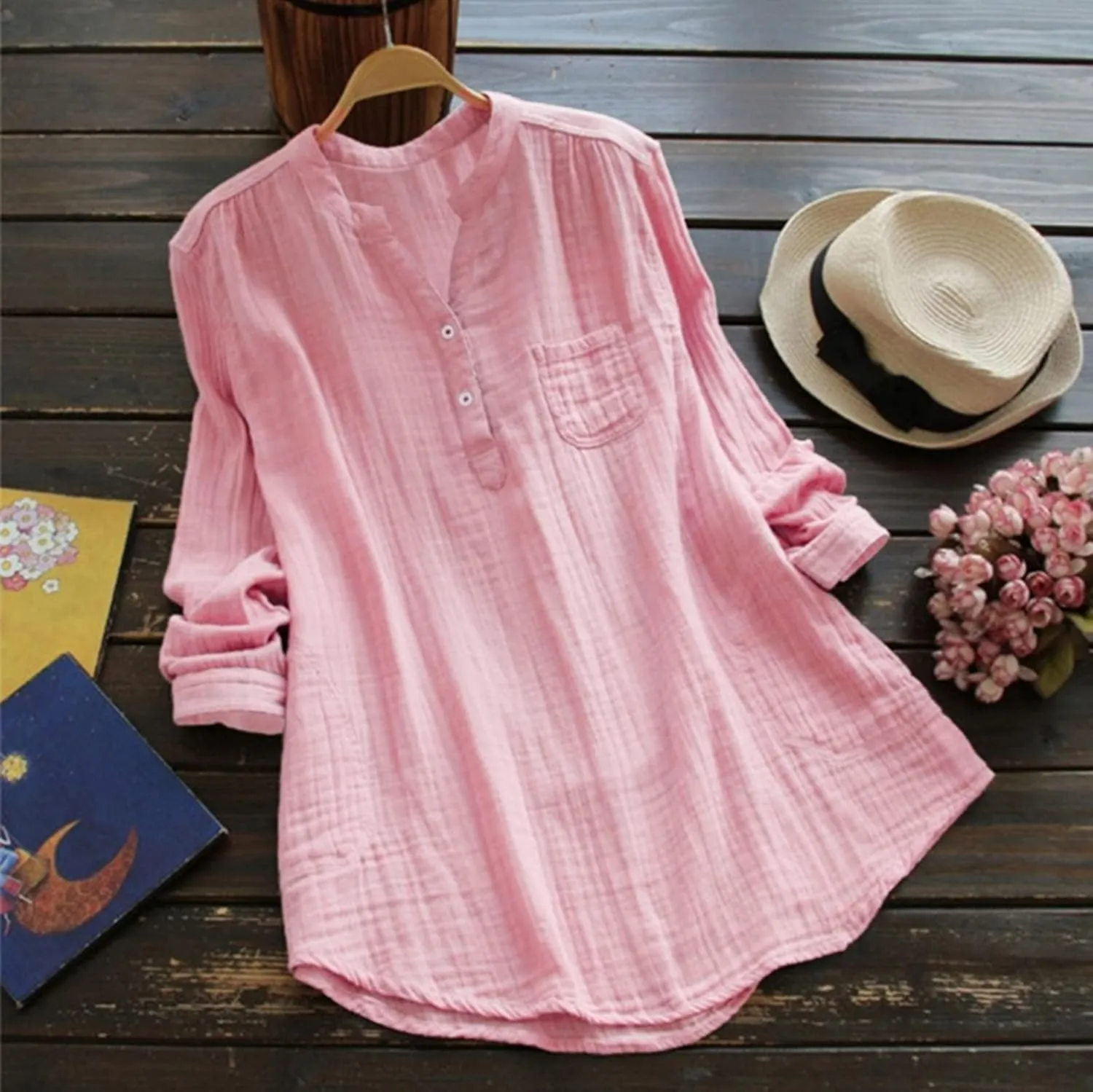 Women Short Sleeve Cotton Linen Shirt Casual Crew Neck Henley T Shirt Bohemian Embroidery Loose Summer Tops