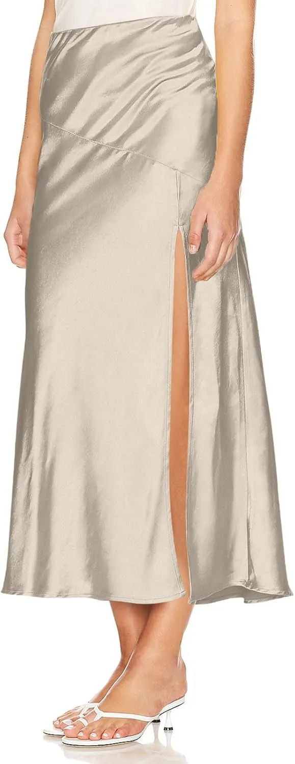 Women Silk Satin Skirt 2025 Fashion Elegant Elastic Waist A Line Skort with Slit Summer A-Line Cocktail Party Skirts