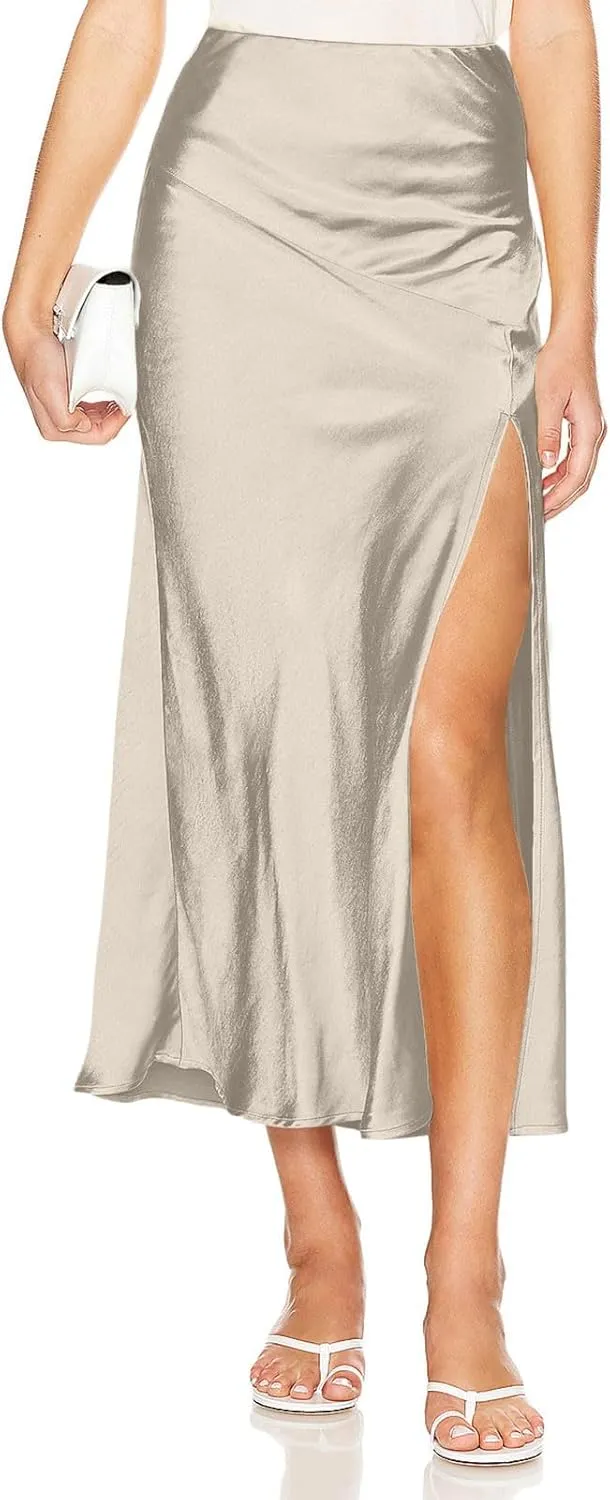 Women Silk Satin Skirt 2025 Fashion Elegant Elastic Waist A Line Skort with Slit Summer A-Line Cocktail Party Skirts