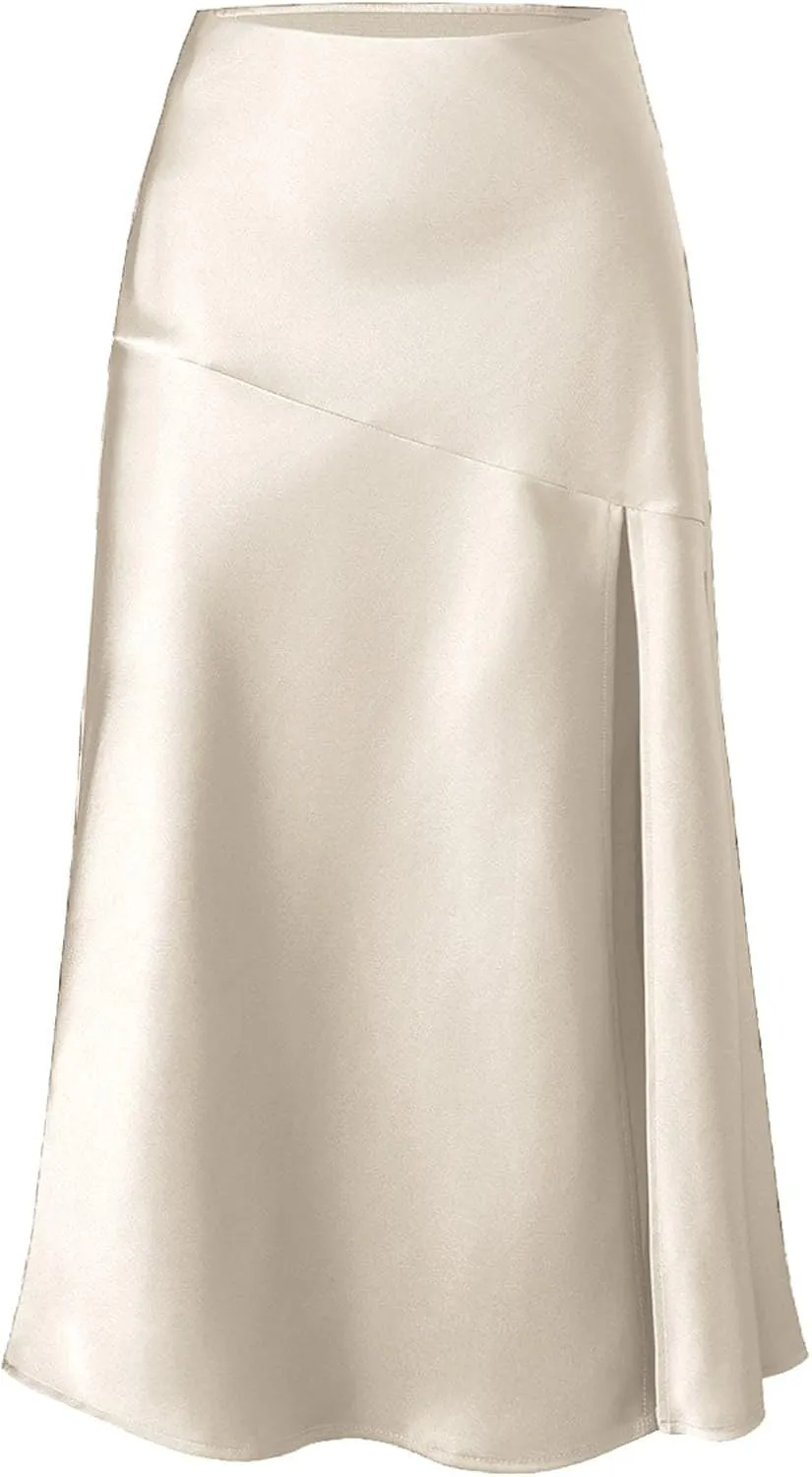Women Silk Satin Skirt 2025 Fashion Elegant Elastic Waist A Line Skort with Slit Summer A-Line Cocktail Party Skirts