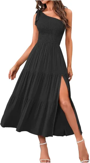 Women Summer Maxi Dress One Shoulder Sleeveless Knot Smocked Dresses Casual Split Tiered Flowy Long Sundress