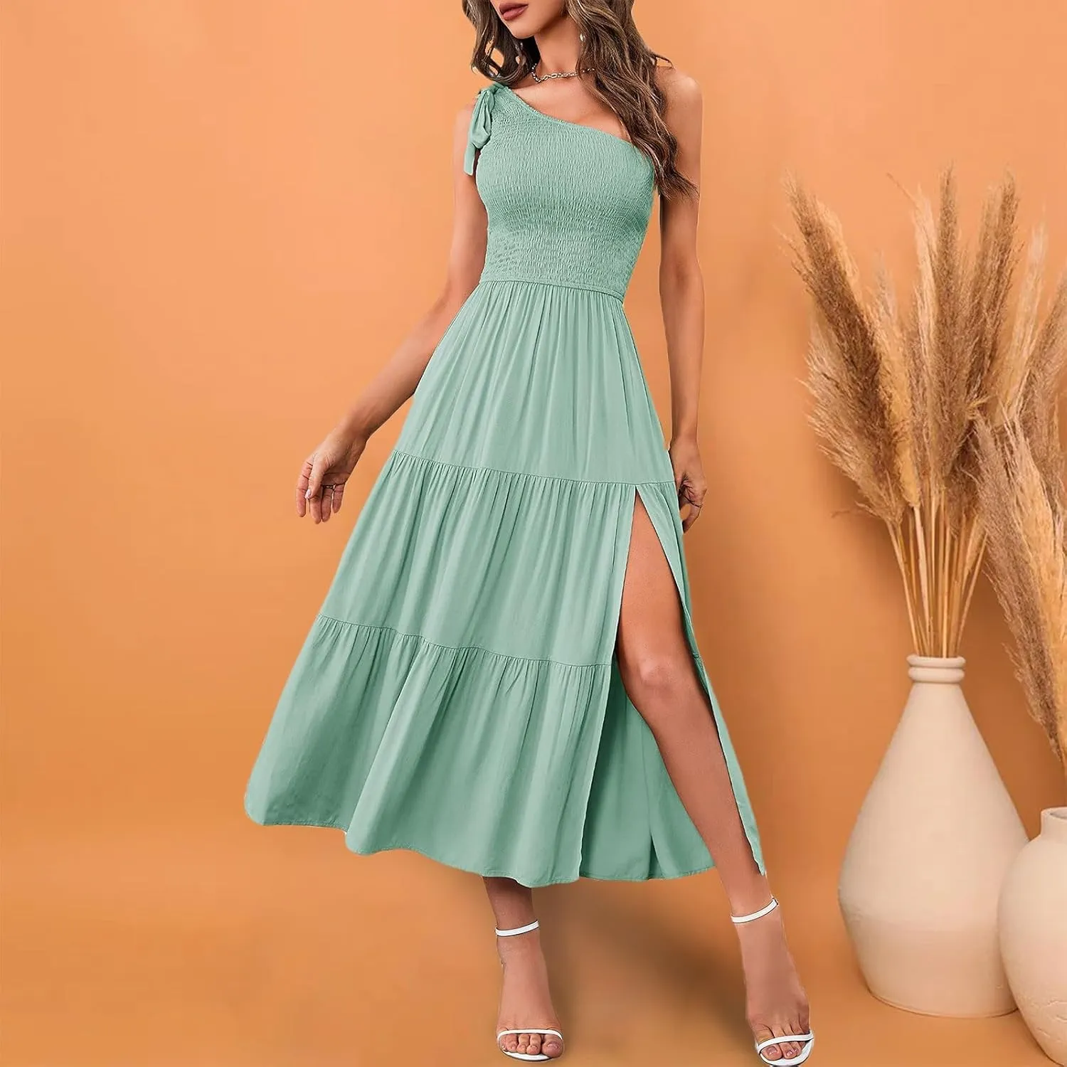 Women Summer Maxi Dress One Shoulder Sleeveless Knot Smocked Dresses Casual Split Tiered Flowy Long Sundress