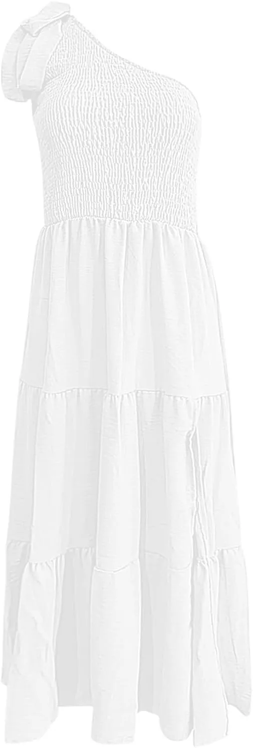 Women Summer Maxi Dress One Shoulder Sleeveless Knot Smocked Dresses Casual Split Tiered Flowy Long Sundress