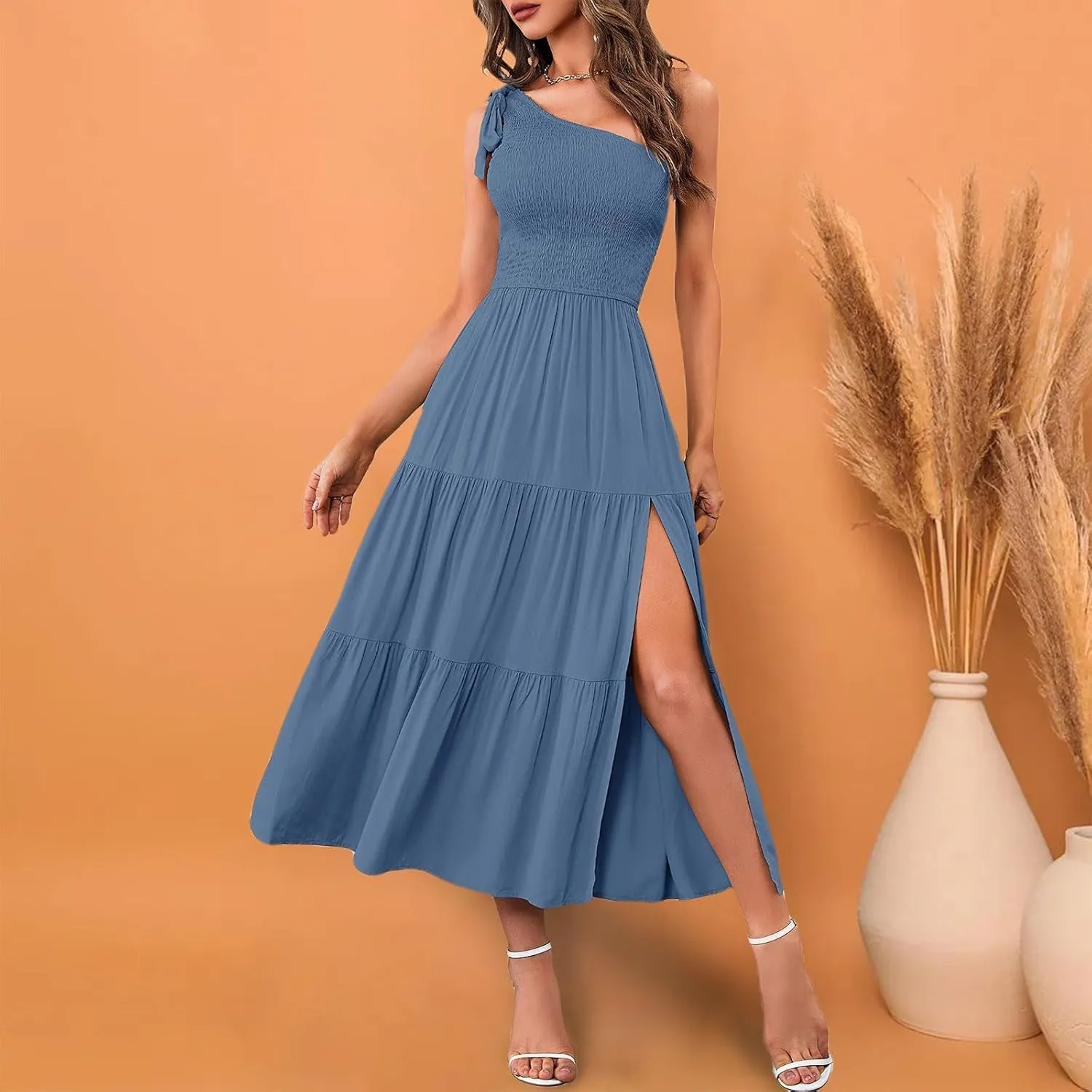 Women Summer Maxi Dress One Shoulder Sleeveless Knot Smocked Dresses Casual Split Tiered Flowy Long Sundress