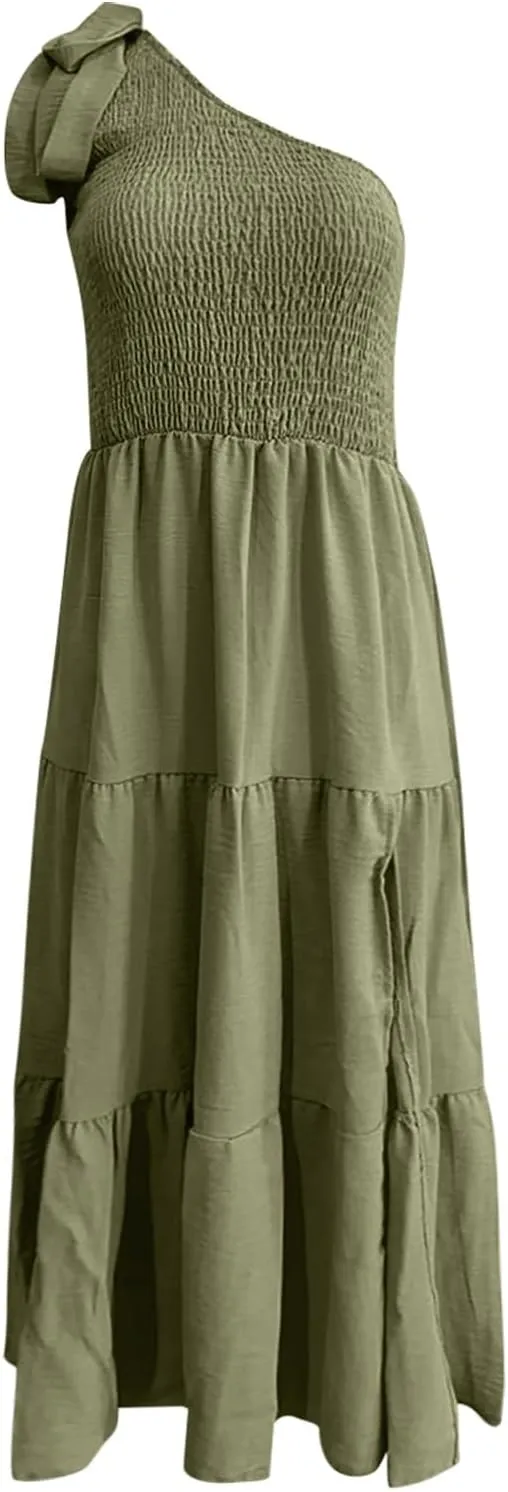 Women Summer Maxi Dress One Shoulder Sleeveless Knot Smocked Dresses Casual Split Tiered Flowy Long Sundress