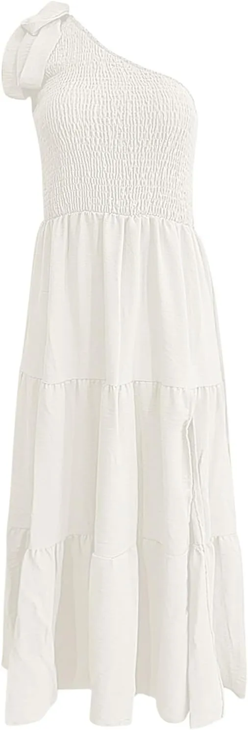 Women Summer Maxi Dress One Shoulder Sleeveless Knot Smocked Dresses Casual Split Tiered Flowy Long Sundress
