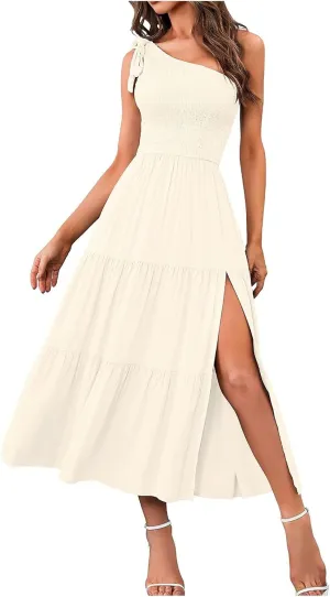 Women Summer Maxi Dress One Shoulder Sleeveless Knot Smocked Dresses Casual Split Tiered Flowy Long Sundress