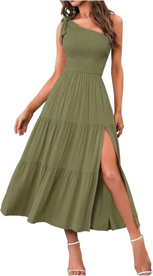 Women Summer Maxi Dress One Shoulder Sleeveless Knot Smocked Dresses Casual Split Tiered Flowy Long Sundress