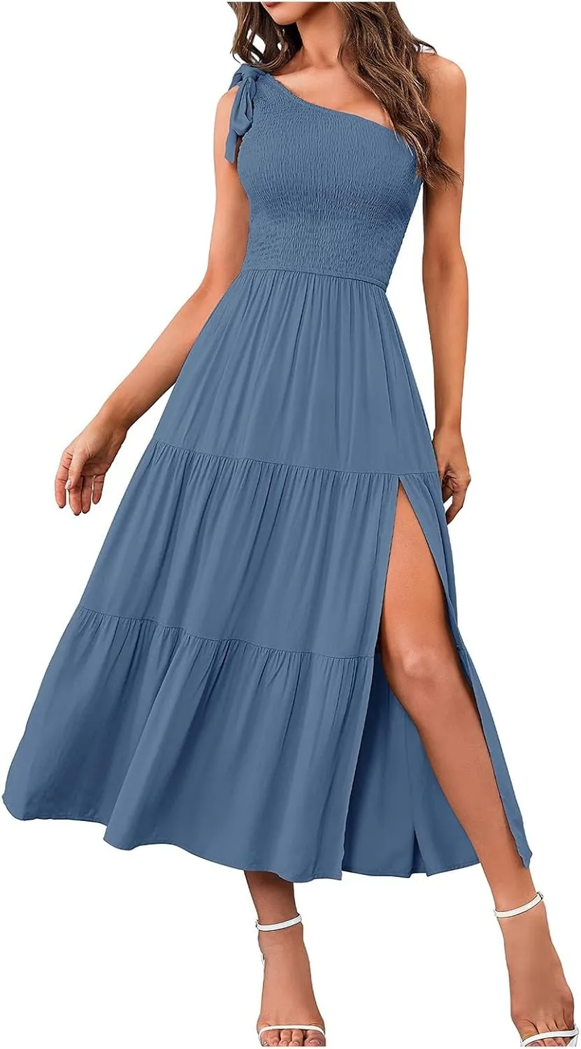 Women Summer Maxi Dress One Shoulder Sleeveless Knot Smocked Dresses Casual Split Tiered Flowy Long Sundress