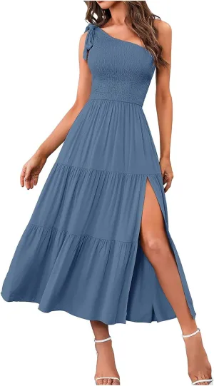 Women Summer Maxi Dress One Shoulder Sleeveless Knot Smocked Dresses Casual Split Tiered Flowy Long Sundress