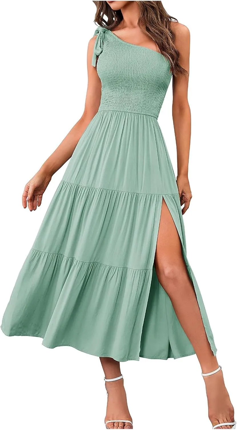 Women Summer Maxi Dress One Shoulder Sleeveless Knot Smocked Dresses Casual Split Tiered Flowy Long Sundress