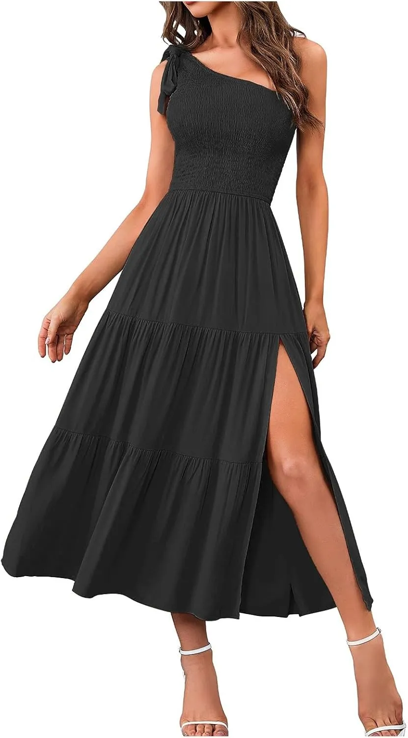 Women Summer Maxi Dress One Shoulder Sleeveless Knot Smocked Dresses Casual Split Tiered Flowy Long Sundress