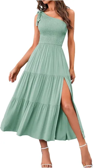 Women Summer Maxi Dress One Shoulder Sleeveless Knot Smocked Dresses Casual Split Tiered Flowy Long Sundress