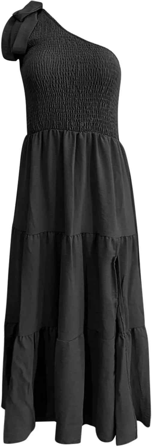 Women Summer Maxi Dress One Shoulder Sleeveless Knot Smocked Dresses Casual Split Tiered Flowy Long Sundress