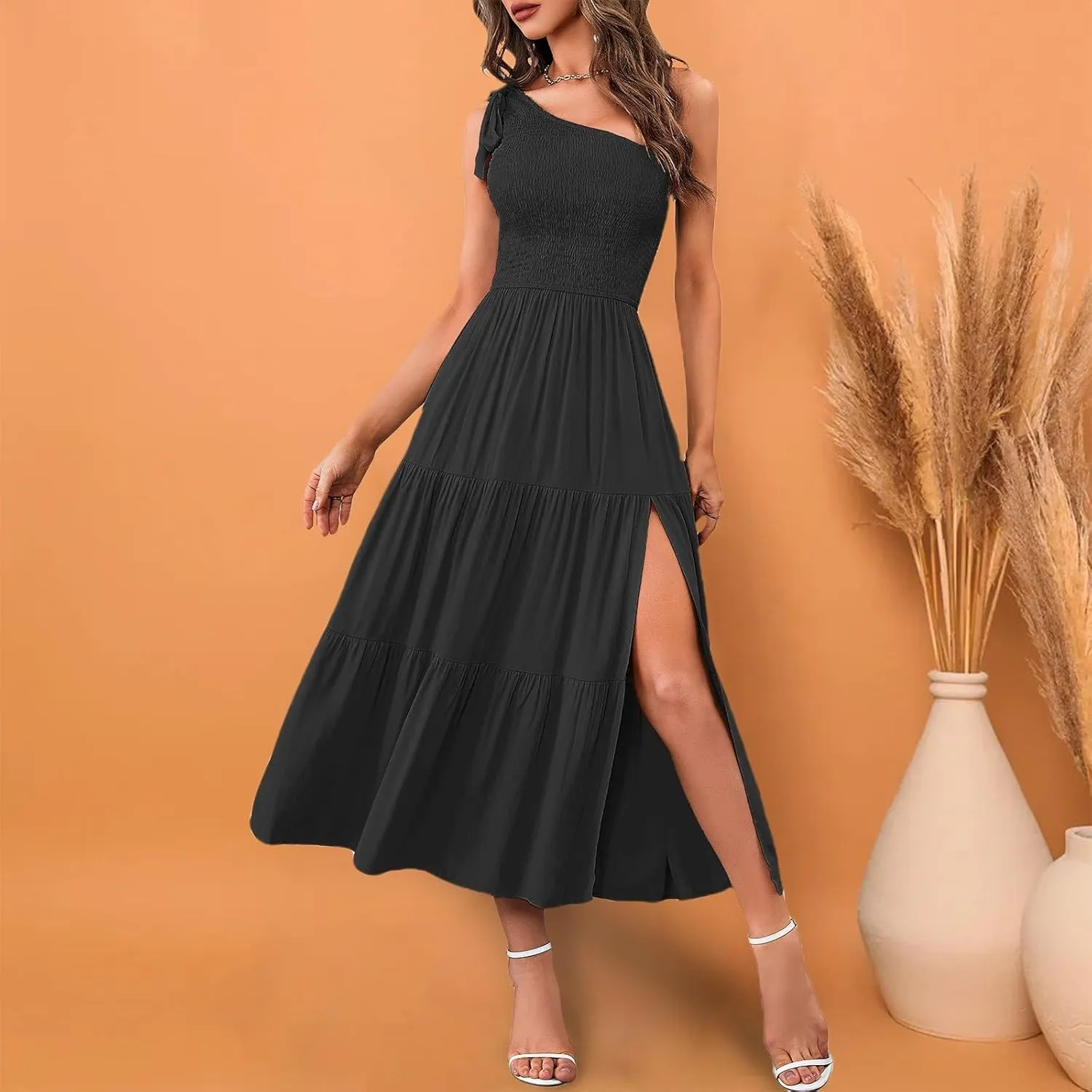 Women Summer Maxi Dress One Shoulder Sleeveless Knot Smocked Dresses Casual Split Tiered Flowy Long Sundress