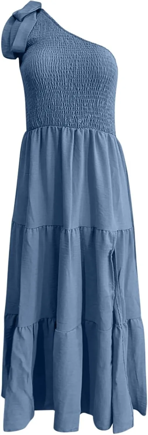 Women Summer Maxi Dress One Shoulder Sleeveless Knot Smocked Dresses Casual Split Tiered Flowy Long Sundress