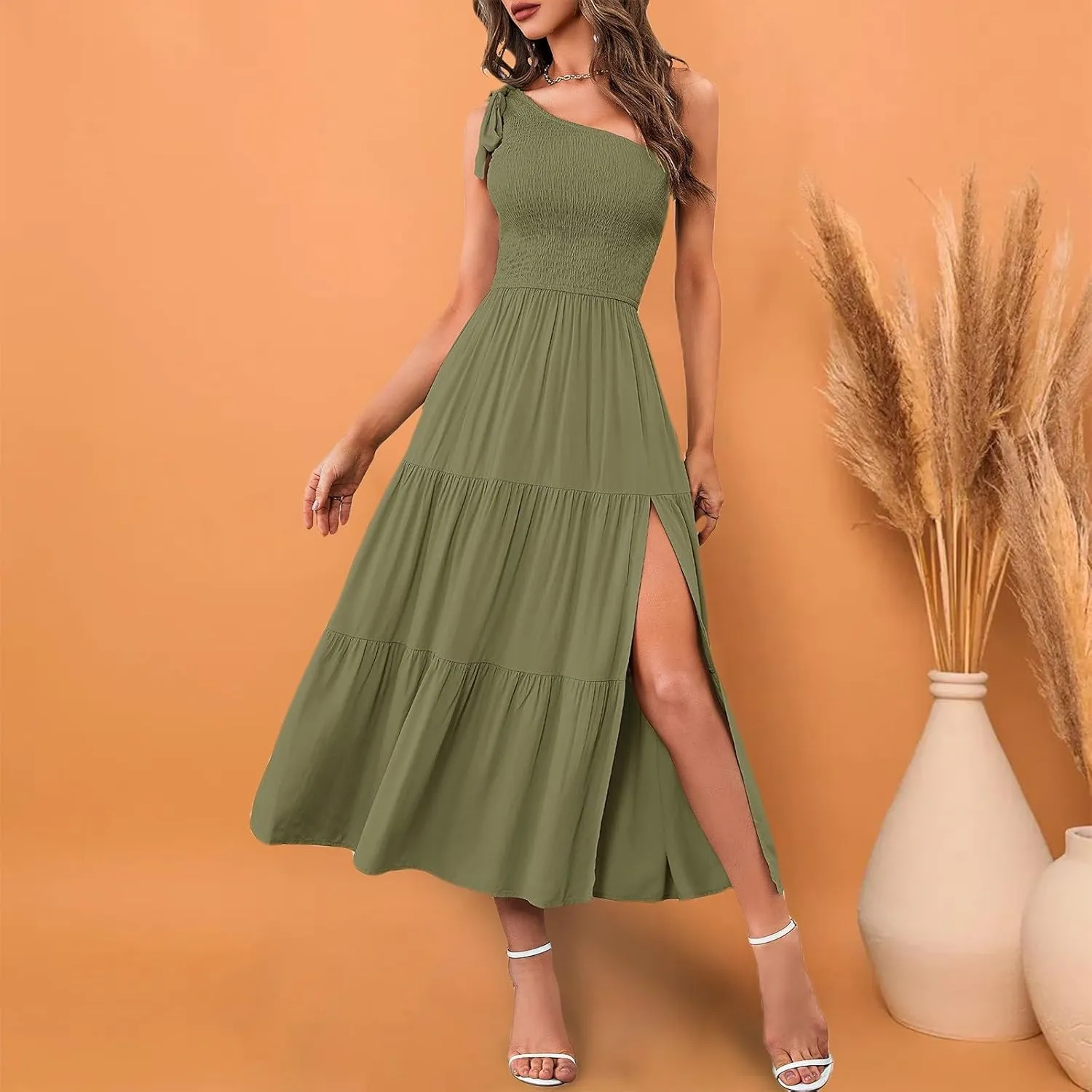 Women Summer Maxi Dress One Shoulder Sleeveless Knot Smocked Dresses Casual Split Tiered Flowy Long Sundress