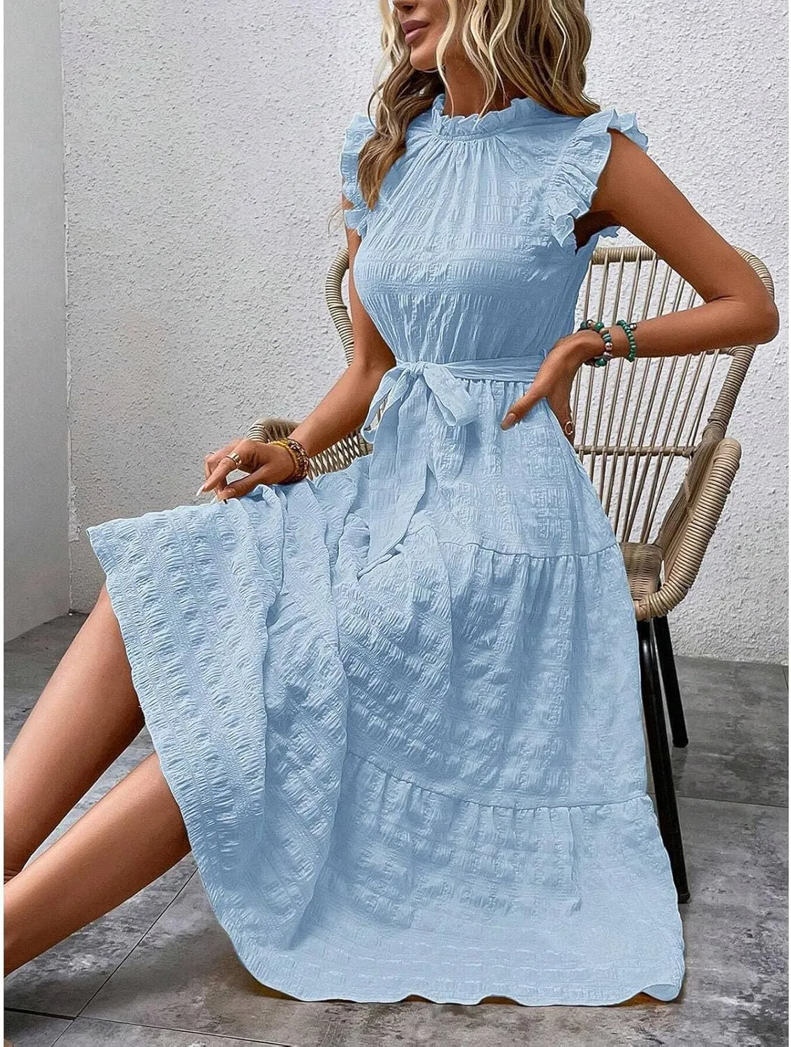 Women Summer Ruched Flowy Casual Dress, Fashion Sleeveless High Waist Slim Beach Sundress Cool Comfy Loose Dresses