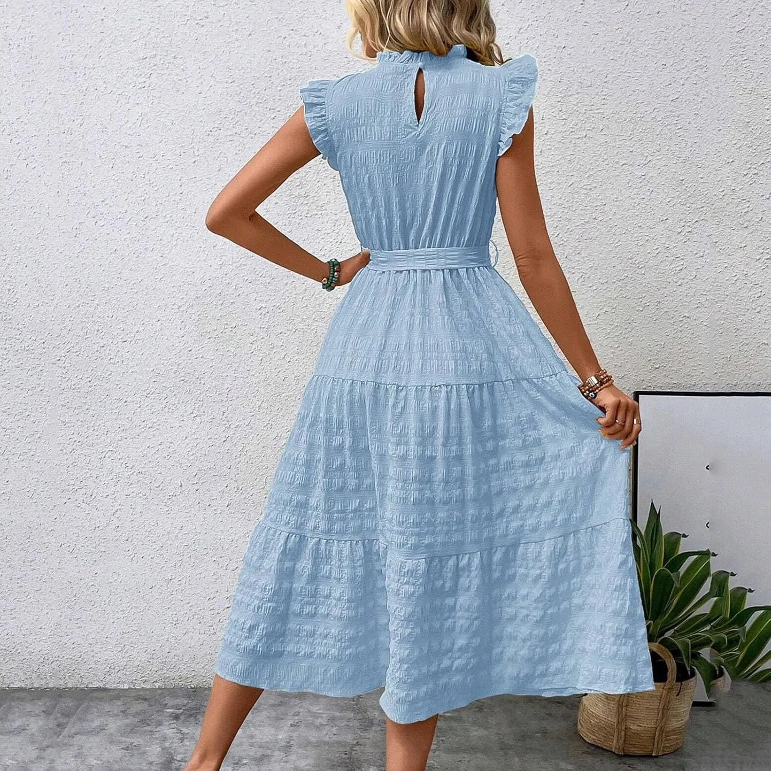 Women Summer Ruched Flowy Casual Dress, Fashion Sleeveless High Waist Slim Beach Sundress Cool Comfy Loose Dresses