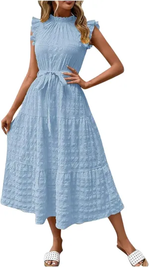 Women Summer Ruched Flowy Casual Dress, Fashion Sleeveless High Waist Slim Beach Sundress Cool Comfy Loose Dresses