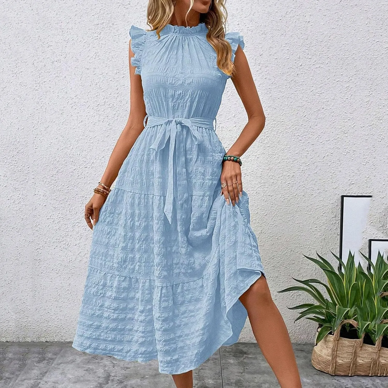 Women Summer Ruched Flowy Casual Dress, Fashion Sleeveless High Waist Slim Beach Sundress Cool Comfy Loose Dresses