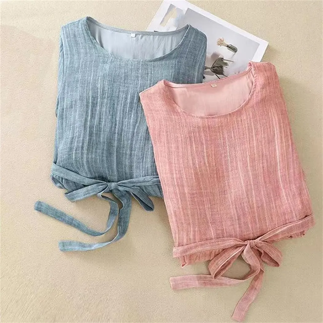 Women Summer Solid O-Neck Half Sleeve Daily Dress Belted A-Line Holiday Beach Dress
