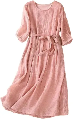 Women Summer Solid O-Neck Half Sleeve Daily Dress Belted A-Line Holiday Beach Dress