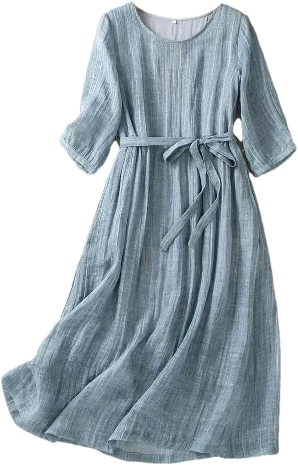 Women Summer Solid O-Neck Half Sleeve Daily Dress Belted A-Line Holiday Beach Dress