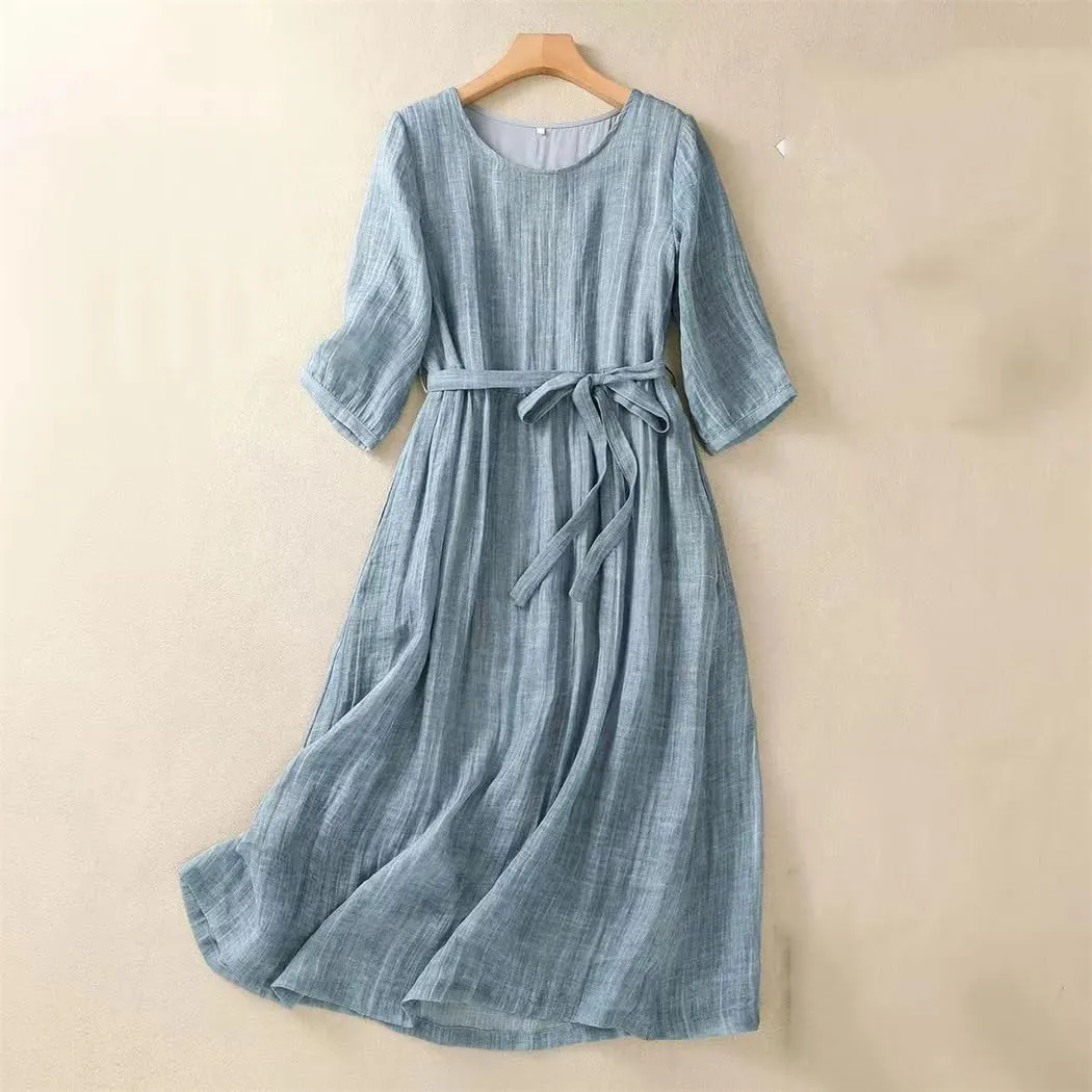 Women Summer Solid O-Neck Half Sleeve Daily Dress Belted A-Line Holiday Beach Dress