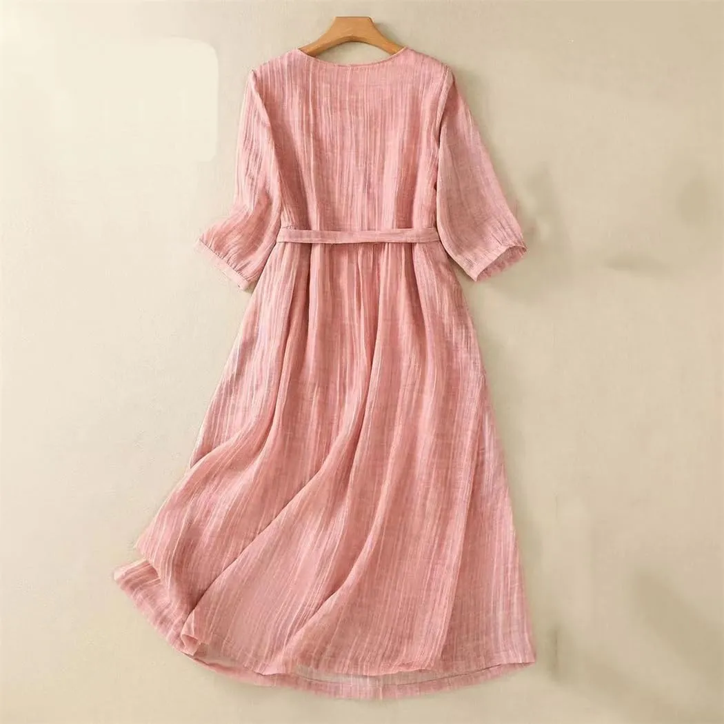 Women Summer Solid O-Neck Half Sleeve Daily Dress Belted A-Line Holiday Beach Dress