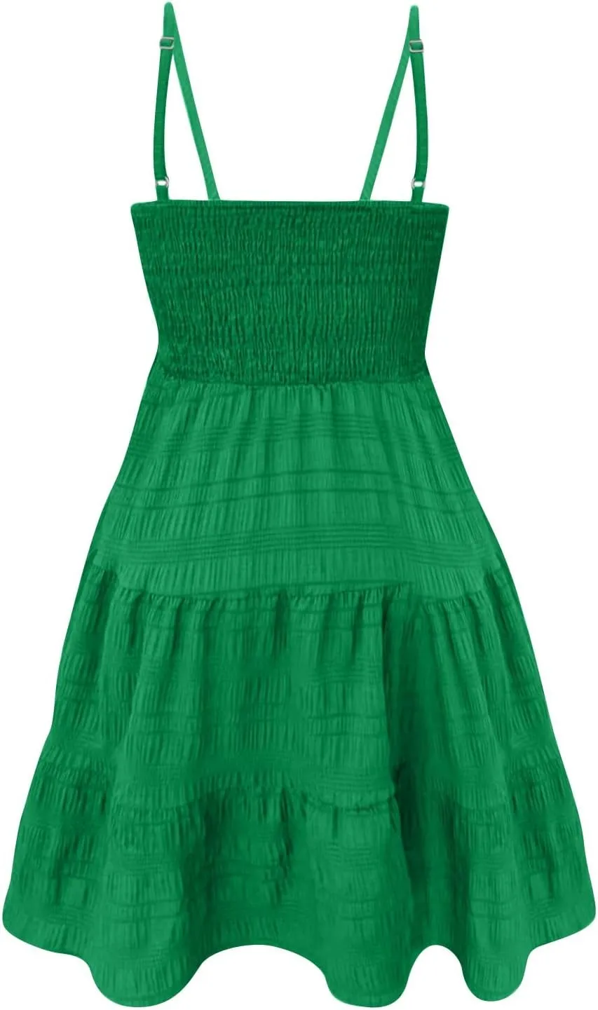 Women Sundresses Smocked Spaghetti Strap Square Neck Mini Babydoll Dress Casual Summer Flowy Tiered Ruffle Dress