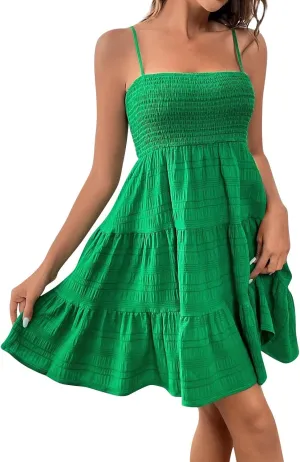 Women Sundresses Smocked Spaghetti Strap Square Neck Mini Babydoll Dress Casual Summer Flowy Tiered Ruffle Dress