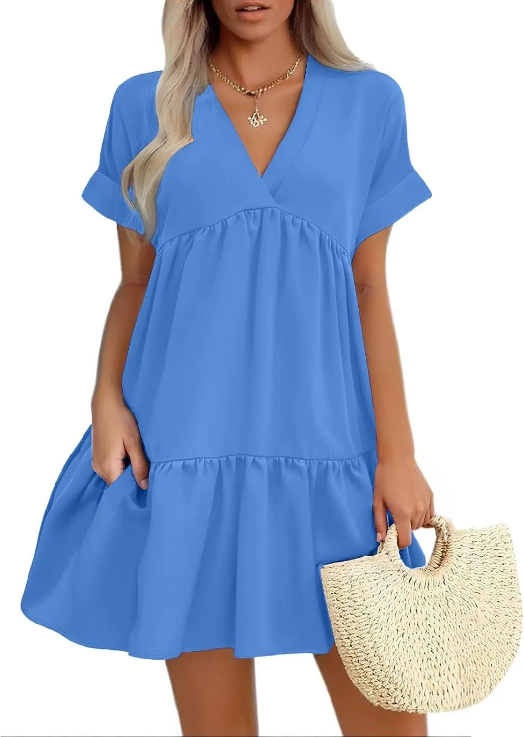 Women V Neck Flowy Babydoll Dresses 2025 Summer Short Sleeve Swing Shift Loose Casual Mini Tunic Dress
